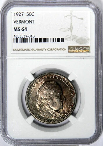 1927 年バーモント州記念銀貨 50 セント ~ 美しい色調 NGC MS64!
