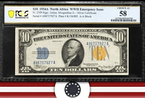 1934-A 10ドル 北アフリカ 銀貨 PCGS 58 Fr 2309 第二次世界大戦通貨 37927
