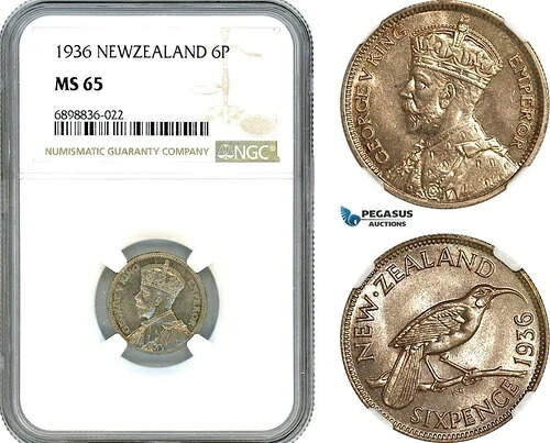 AK102、ニュージーランド、ジョージ5世、6ペンス、1936年、ロンドン造幣局、銀、NGC MS65