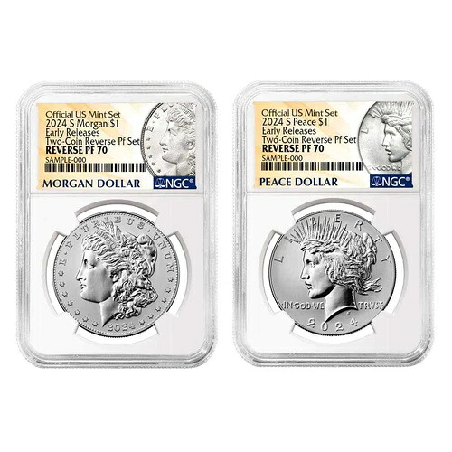 2 個セット - 2024-S リバース プルーフ $1 モルガン アンド ピース シルバー ダラー NGC PF70 ER ...
