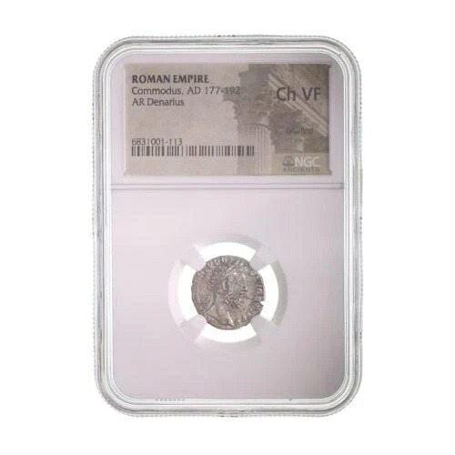 希少なローマ銀貨、コモドゥス帝のデナリウス（西暦177-192年） - NGC CH-VF認定コイン