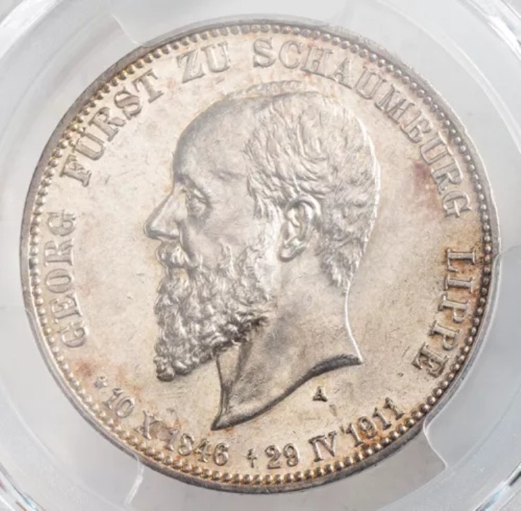 1911年、シャウムブルク＝リッペ（公国）、ゲオルク1世。3マルク銀貨。PCGS MS-61！