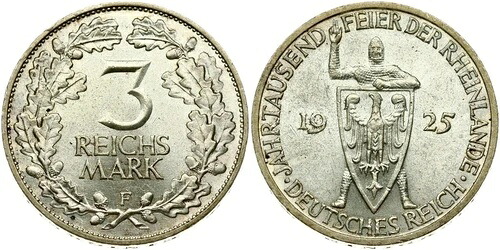 ドイツ 3 ライヒスマルク 1925年 ラインラント造幣局1000周年記念「F」 ? シュトゥットガルト｜WORLD RESOURCE【KING店】