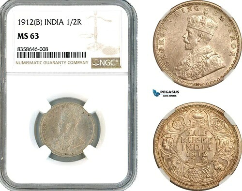 AK528、インド（イギリス）ジョージ5世、1/2ルピー、1912年B、ボンベイ造幣局、銀、NGC MS63｜WORLD RESOURCE【KING店】 136,950円