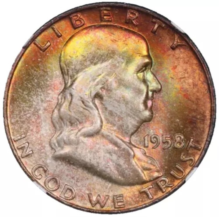 1958-D フランクリンシルバーハーフダラー NGC MS-66 エンドロールアルバム トーンドトーニングトナー