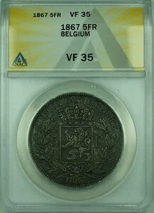 1867年 5Fr ベルギー ANACS VF-35 5フローリン銀貨 トーン加工（スモールヘッド）KM#24｜WORLD RESOURCE【KING店】