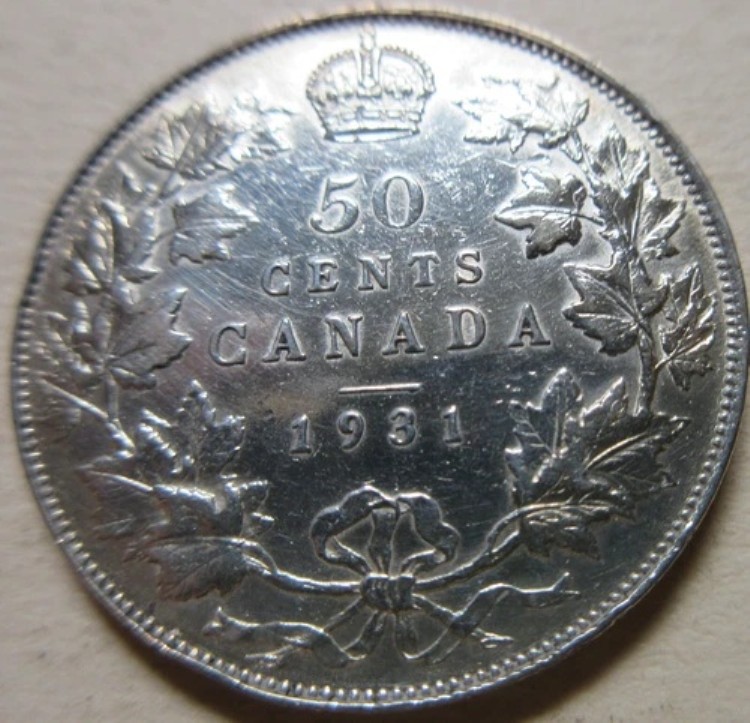 1931年カナダ銀貨ハーフドル硬貨。良品ジョージ5世50セント（RJ736B） 187,000円