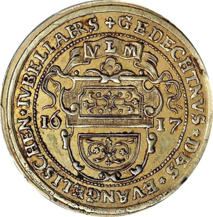 1617年 ウルム市 鍍金銀メダル パターン 2 ダカット PCGS AU 詳細 Pn1