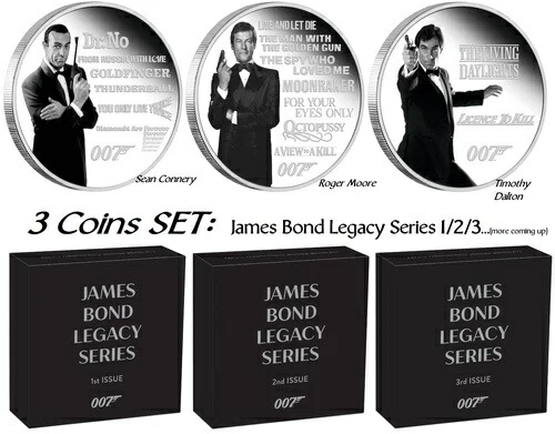 3枚セットコイン ジェームズ・ボンド 007 レガシーシリーズ 1-2-3 発行 3x 1オンス シルバー プルーフ $1
