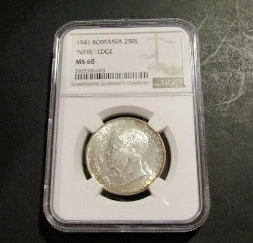 ルーマニア 1941年 250レイ銀貨 NGC MS 60 NGCグレードコイン NIHILエッジ