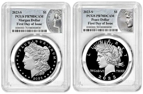 2023-S $1 モーガン・アンド・ピース ドル PCGS PR70DCAM FDOI シルバー プルーフ コイン セット。