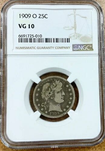 1909 O BARBER シルバークォーター 25セント NGC VG10