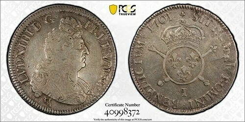 1701-I フランス シルバー 1/2 Ecu PCGS VF25 ルイ14世 リモージュ フルール・ド・リス GAD-189a