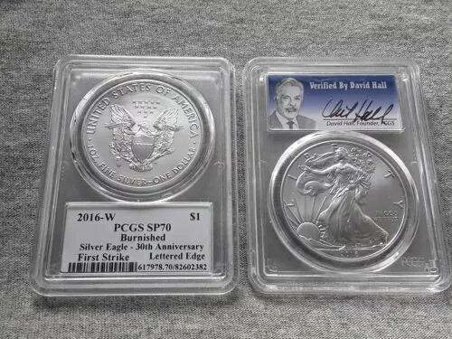 2016年 W バーニッシュ SP70 & 2016年 MS70 30周年記念 シルバーイーグル デヴィッド・ホール サイン入り PCGS