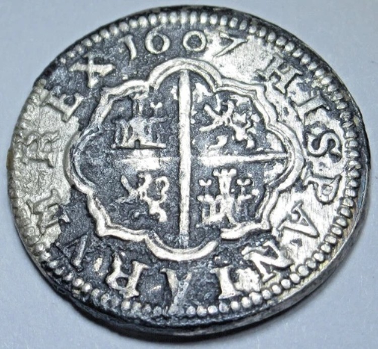 1607年スペイン銀貨1レアル、1600年代の植民地十字海賊宝貨