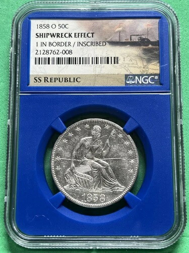 1858年 O リバティ座像 50C NGC 難破船 SS リパブリック。1 ボーダー/刻印あり
