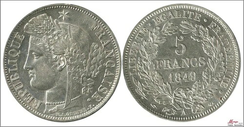 フランス 5フラン 1849年 パリ / セレス / 25グレイ銀貨 S/C KM00761.1-49｜WORLD RESOURCE【KING店】