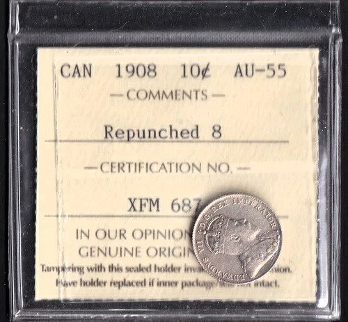 カナダ 1908年 10セント 10セント硬貨 ICCS認定 AU-55 再打ち抜き 8枚 希少