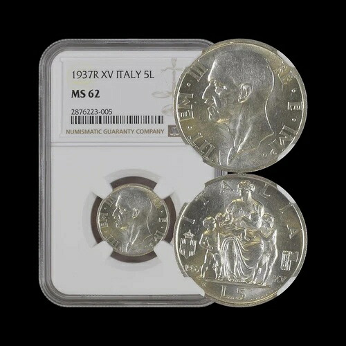 イタリア。1937年、5リラ、銀、R - NGC MS62 - 母と子、豊穣、ローマ|WORLD RESOURCE【KING店】