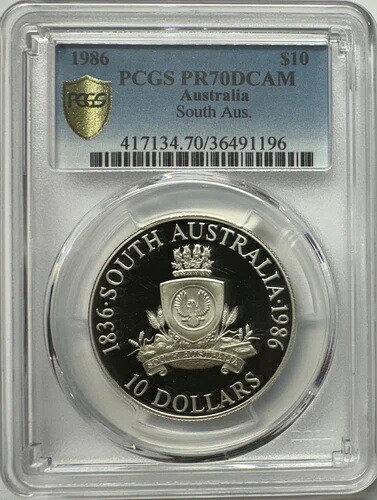 1986 オーストラリア シルバー $10 南オーストラリア州 PCGS PR-70 DCAM