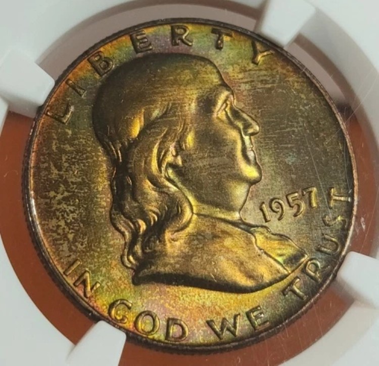 1957年 D 50セント フランクリンシルバー ハーフダラー NGC MS66 レインボートーン ユニークカラーコイン