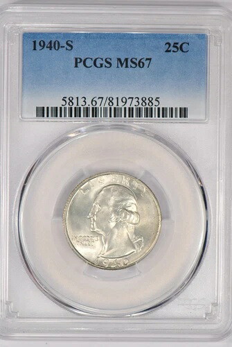1940年 S ワシントン クォーター PCGS MS67 ジェム シルバー コイン オリジナル トーニング 25セント