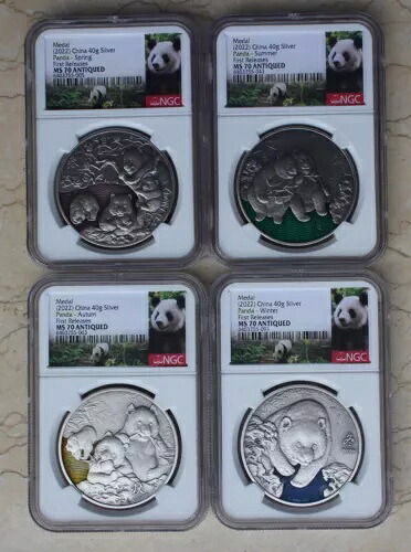 NGC MS70 2022 中国製 エナメルシルバー 4枚 (4 x 40g) パンダメダル - 四季