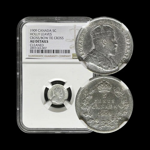 カナダ、1909年、5セント、銀貨 - NGC AU - KEVII、ヒイラギの尖った葉、KEY｜WORLD RESOURCE【KING店】