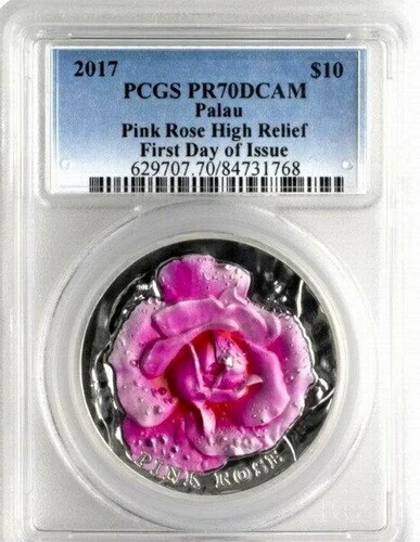 PCGS PR70 発行初日 パラオ 2017 ピンクローズ シルバーコイン 2オンス COA