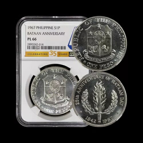 フィリピン。 1967年、1ペソ、シルバー - NGC PL66 - バターン記念、014｜WORLD RESOURCE【KING店】