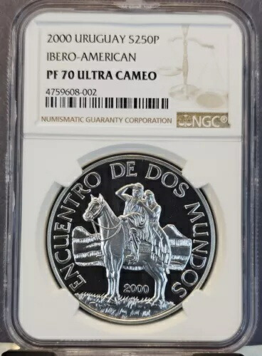 2000 ウルグアイ シルバー 250 ペソ イベロ アメリカン NGC PF 70 ウルトラ カメオ レア ポップ 1