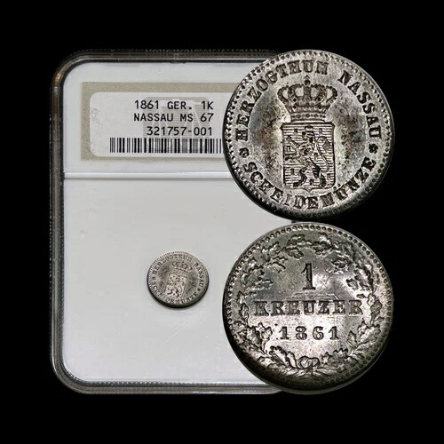 ドイツ。1861年、クロイツァー、銀 - NGC MS67 - トップポップ ?? ナッソー