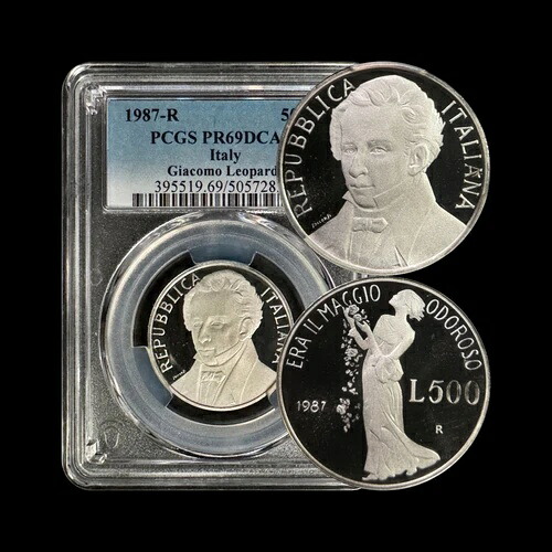 イタリア。1987年、500リラ、銀貨 - PCGS PR69 - トップポップ?? レオパルディ、シルビア、ロゼ