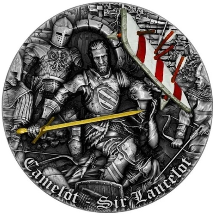 2022年 5ドル ニウエ キャメロット SIR LANCELOT アンティーク仕上げ 金メッキ 2オンス シルバー コイン。
