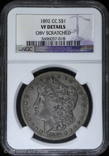 1892-CC 1ドルモルガン銀貨 NGC VF 詳細