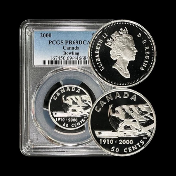 カナダ 2000年 50セント 銀貨 - PCGS PR69 - トップポップ ?? ボウリング、5ピンリーグ