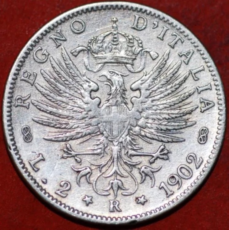 イタリア 2リラ 1902年 ヴィットーリオ・エマヌエーレ3世 銀貨 純度: 0.8350 KM# 33 銀貨