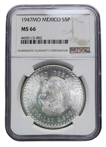 1947 Mo メキシコ NGC MS66 シルバー 5 ペソ S5P シンコ ペソ クアウテモック MS-66 PM0054