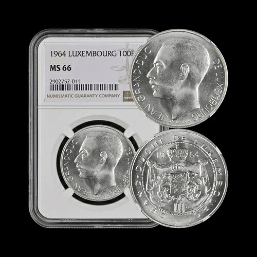 ルクセンブルク、1964年、100フラン、銀貨 - NGC MS66 - ジャン『玉座への降臨』 145,200円