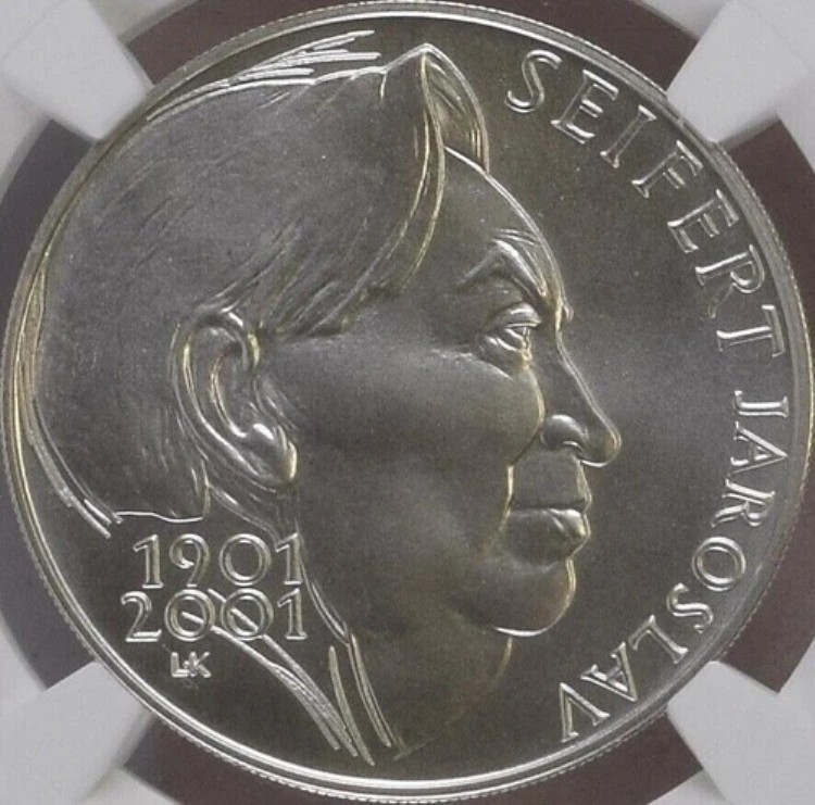 チェコ共和国。2001年、200コルナ、シルバー - NGC MS70 - トップポップ ?? ヤロスラフ・ザイフェルト