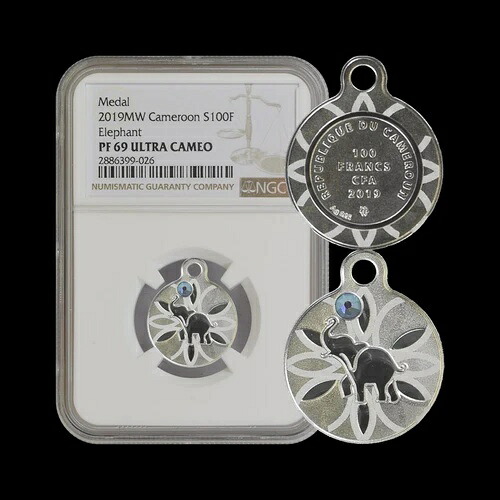 カメルーン。2019年、100フラン、シルバー - NGC PF69 - トップポップ??エレファント??ペンダント