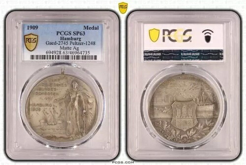 ドイツ帝国 1909年 銀製射撃メダル ハンブルク市街地ビュー 船舶 PCGS SP63