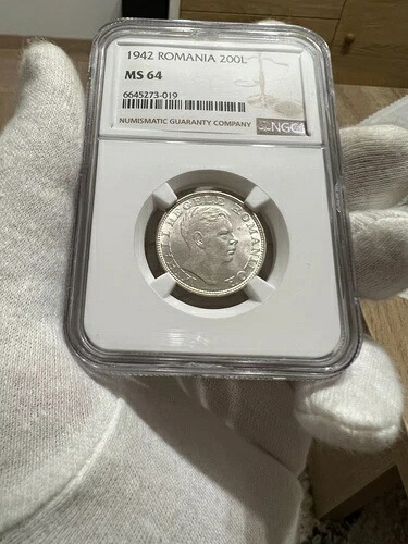 200レイ 1942年 銀貨、ルーマニア NGC MS64、入手困難グレード｜WORLD RESOURCE【KING店】