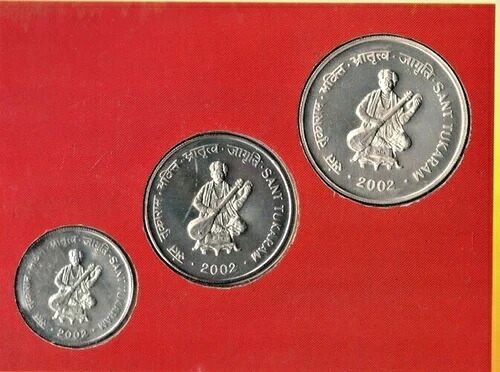 2002年 - サント・トゥカラム Rs. 100(シルバー)、50、10 UNC ファーストストライク レア - コイン3枚セット