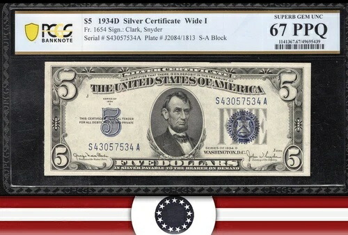 1934-D 5 ドル シルバー証明書 ブルー シール PCGS 67 PPQ Fr 1654 5 ドル 57534。 121,000円