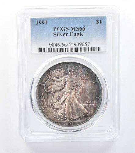 1991年 アメリカン シルバー イーグル MS66 PCGS ブルー/パープルトーン *7756｜WORLD RESOURCE【KING店】