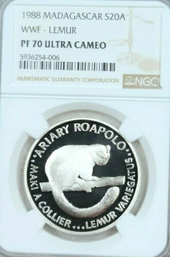 1988年 マダガスカル シルバー 20 ARIARY S20A キツネザル NGC PF 70 ウルトラカメオ パーフェクトコイン