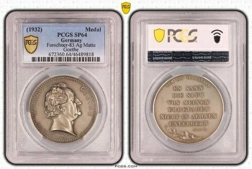ドイツ ワイマール フランクフルト 1932年 銀メダル ヨハン・ヴォルフガング・フォン・ゲーテ PCGS SP64 121,000円