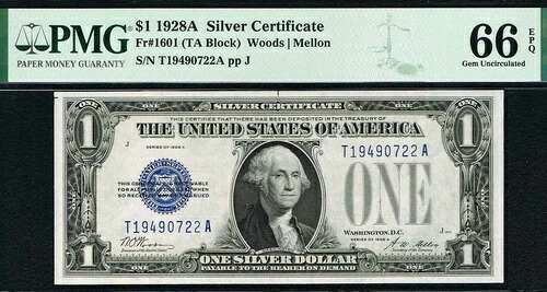 1ドル 1928A 銀貨証明書。1601年。タフなブロック。PMG 66 EPQ。｜WORLD RESOURCE【KING店】