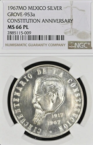 1967 年メキシコ憲法記念日、GROVE-953a、銀メダル、NGC MS66 PL !!!